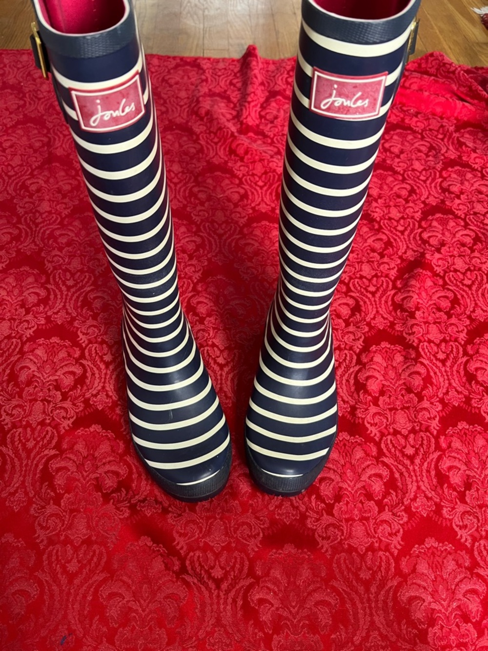 Joules Navy Cream Striped Tall Rain Boots Women’s US 8 UK 6 - Picture 3 of 10